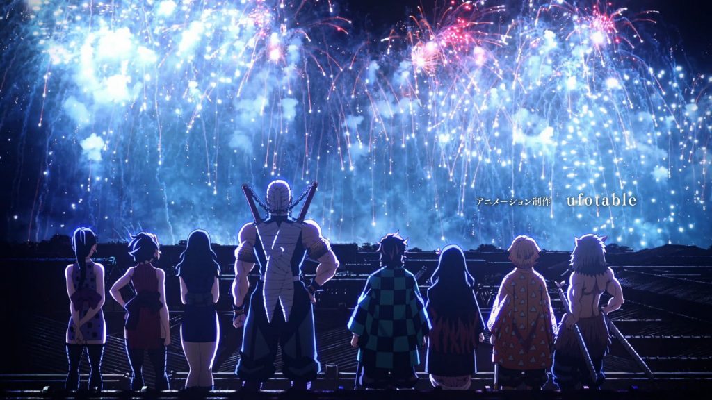 "Demon Slayer: Entertainment District Arc" opening sequence screenshot featuring everyone watching some pretty fireworks.