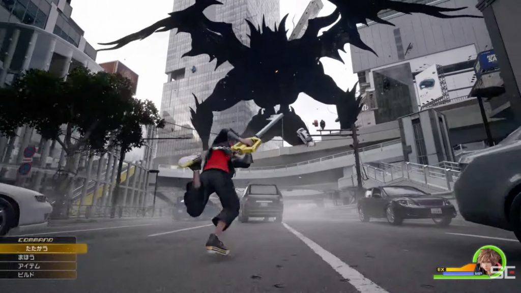 "Kingdom Hearts 4" screenshot showing Sora charging towards a massive Heartless.