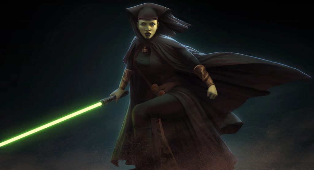 Artwork of Luminara Unduli with her lightsaber out.