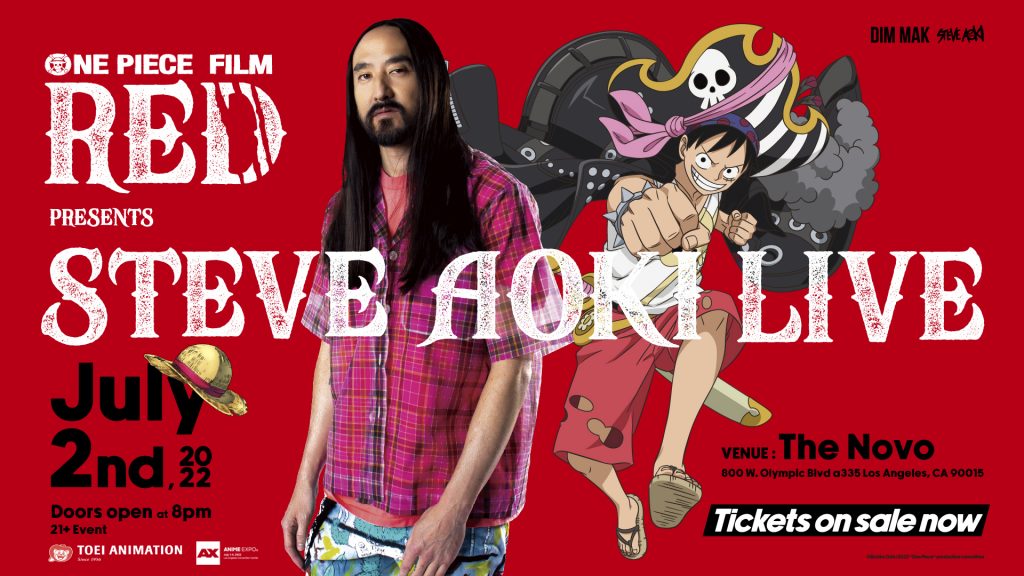 "One Piece Film Red presents Steve Aoki Live" panel key art.